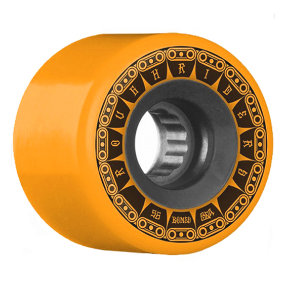 Roues Skateboard Marque : Bones Modèle : Roughride Couleur: orange motif noir Taille : 56 MM Dureté :80 A Hyper polyvalente du street au bowl au carving qualité bones Mister Eight Skateboard Attitude